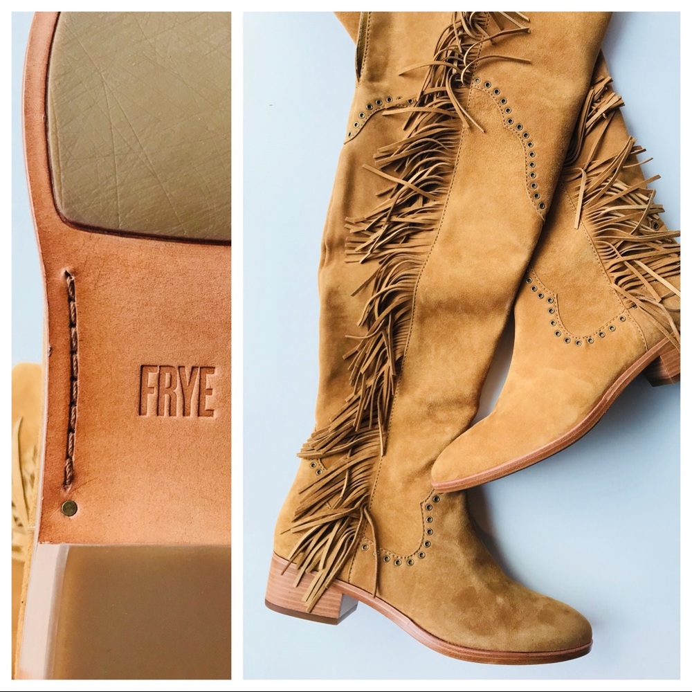 NIB Frye Ray fringe leather OTK boots in camel 8M